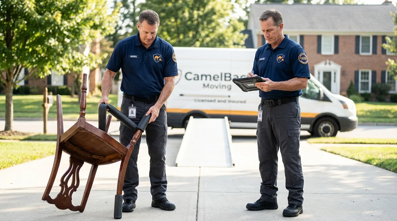 Movers inspecting furniture for damage prevention before loading in Westmont, IL